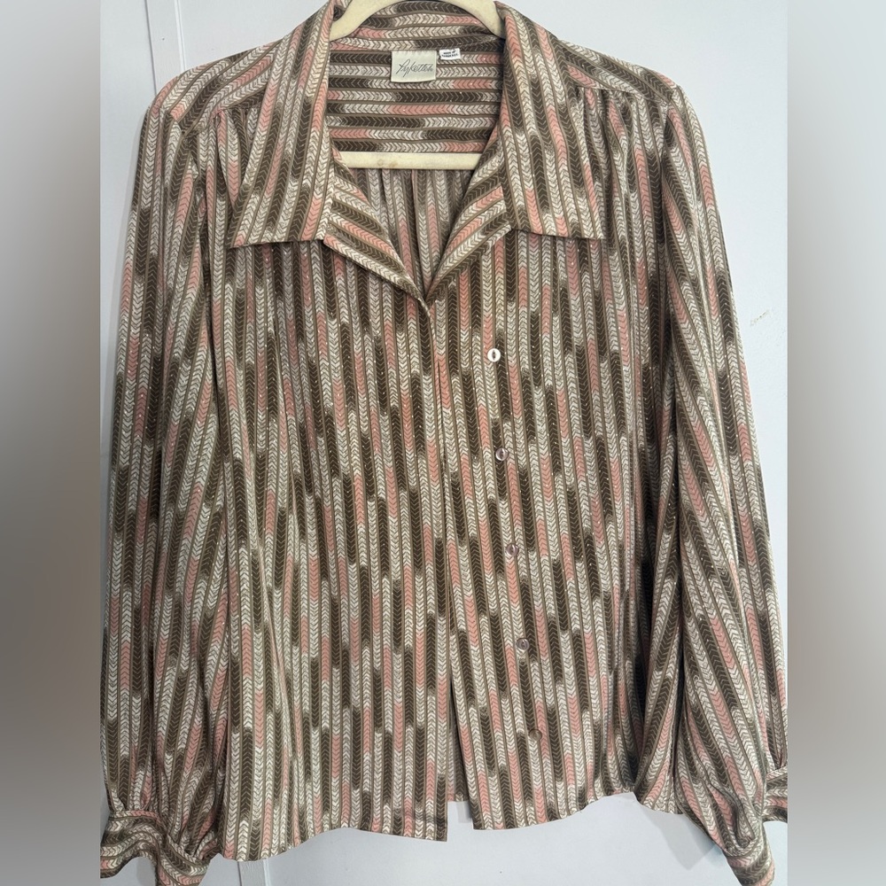 Pink and Brown Boxy Button Down Shirt with Notched Collar